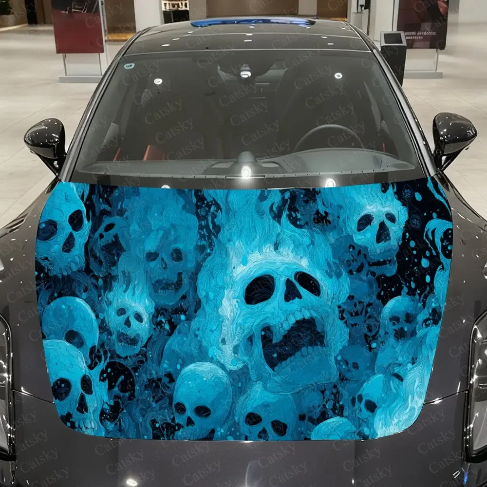 Blue Flame Skull Car Vinyl Wrap, PVC Waterproof Car Hood Sticker, Self-Adhesive Scratch-Resistant Stickers for Engine Cover