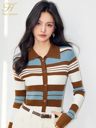 H Han Queen Elegant Colorblocked Striped Knitwear Womens Cardigan Simple Office Sweater Women korean Reviews Many Clothes Outer