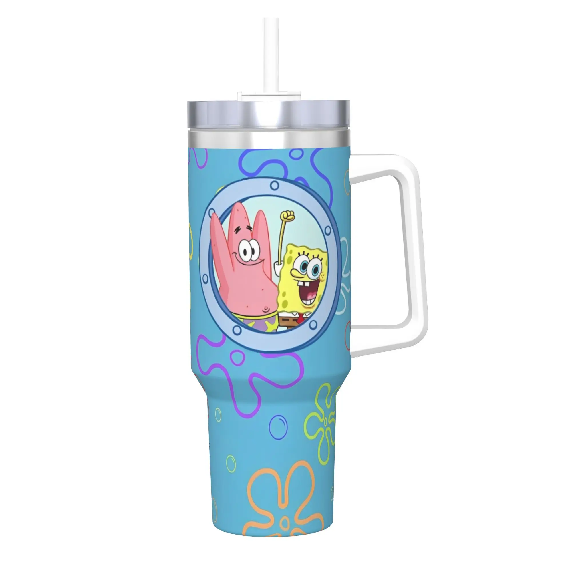 SpongeBob Cartoon Insulated Tumbler with Straws Lid Patrick Star Vacuum Coffee Mugs Office Home Hot Cold Drinks Cup, 40oz