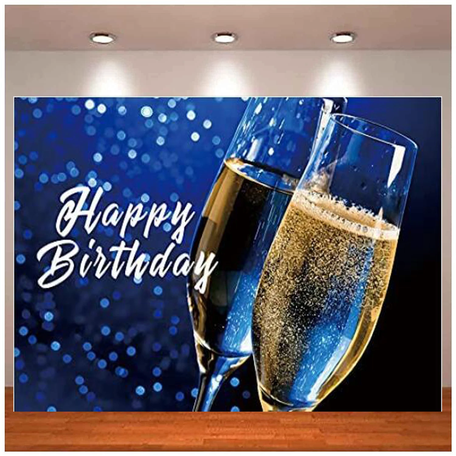 

Photography Backdrop Champagne Wine Glass Happy Birthday Blue Glitter Spots Dot Sparkle Party Background Decoration Banner