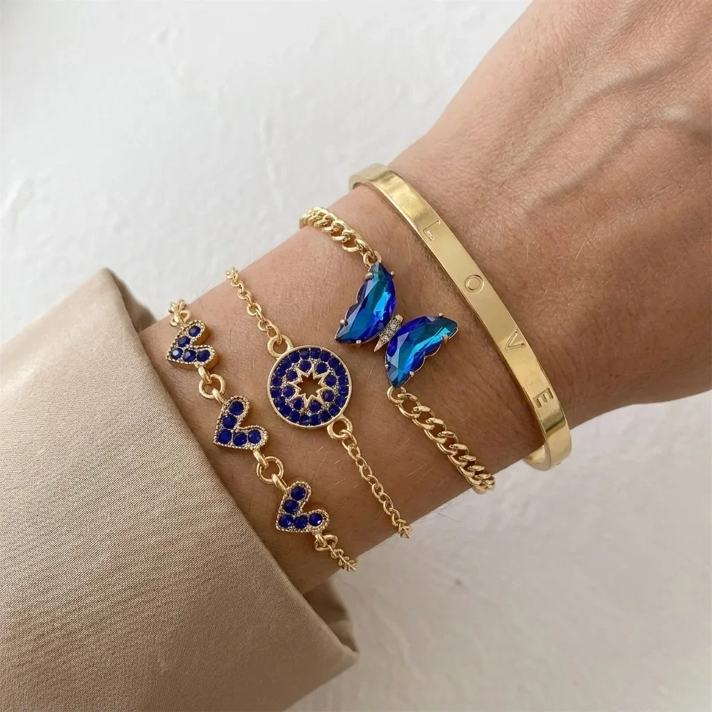 4pcs/set Fashion Scientific Sapphire Heart Flower Butterfly Hand Bracelet Set Metal Jewelry Decoration For Women