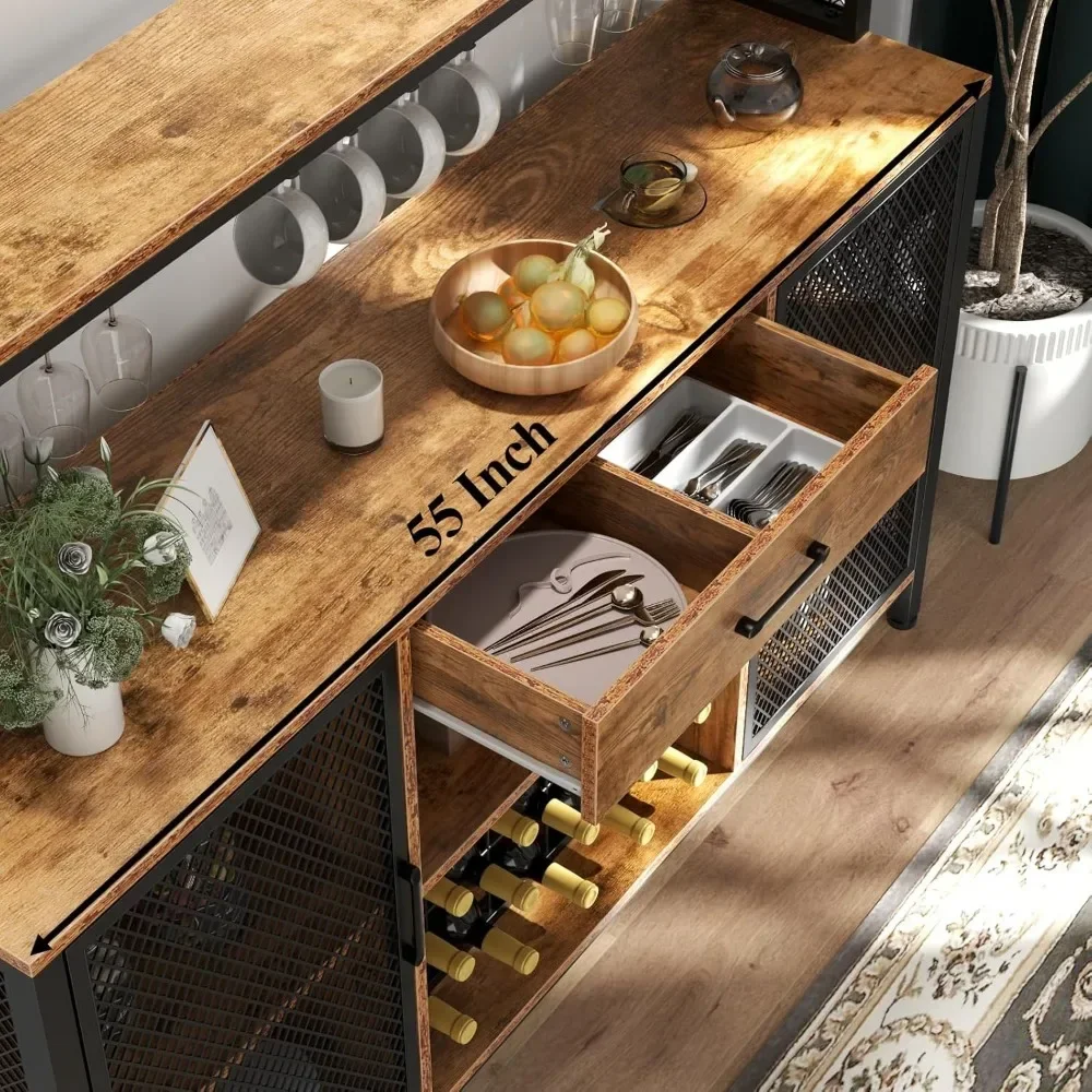 Weinbar schrank mit Schublade und LED-Leuchten, 55 Zoll Industrie Kaffee bar Schrank mit Wein regal und Glas becher halter