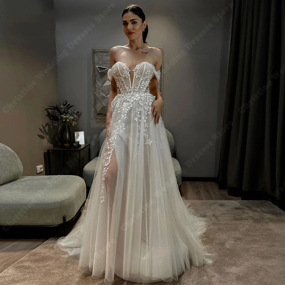 Vintage von der Schulter Tüll Frauen Brautkleider sexy rücken freie Brautkleider elegante Blumen druck Vestidos de Novias 2024