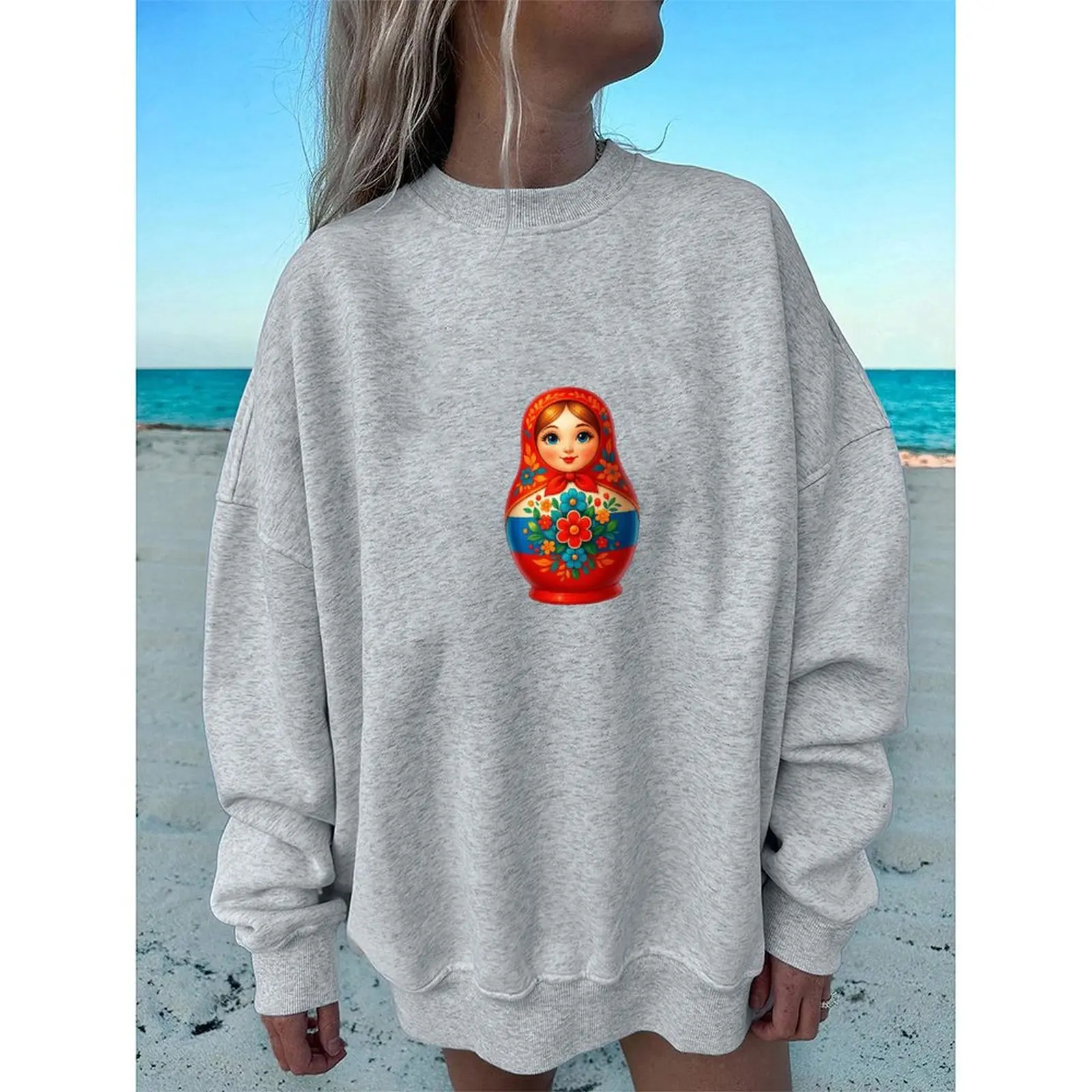 

Round Neck Women's Sweatshirt Velvet Winter Casual ‌Matryoshka‌ Doll Printed Pattern Long Sleeve Pullovers Woman Clothes Tops