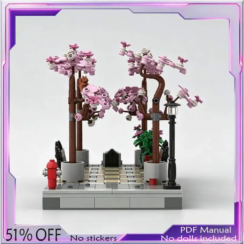589PCS Spring Cherry Blossom Alley Building Blocks City Street View Tree Model Custom Creative Assembly Toy Desk Decor Gift