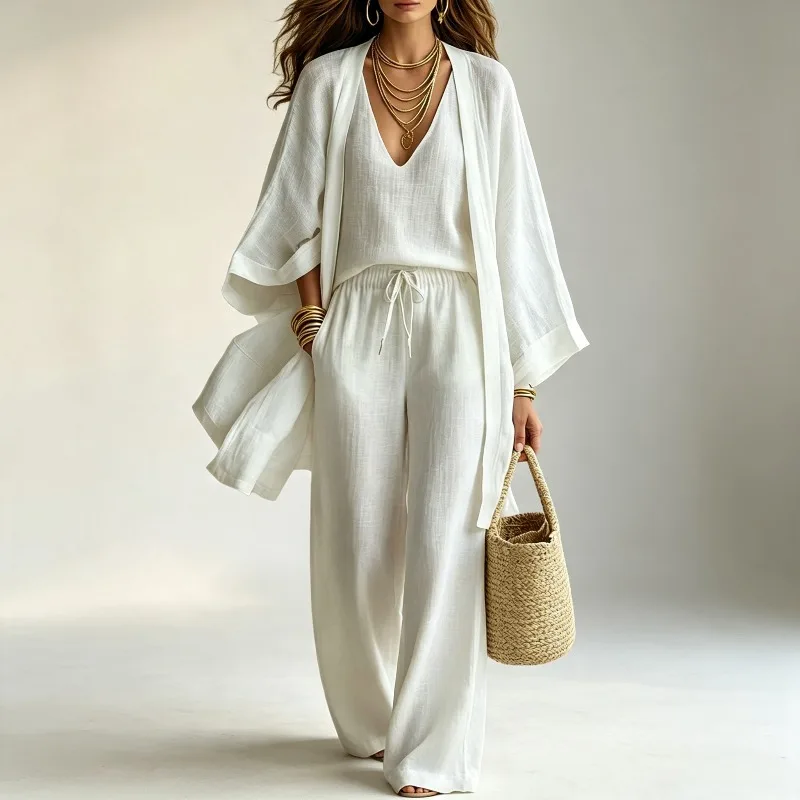 Women 3 Piece Outfit Solid V Neck Sleeveless Tank Top Open Front Long Kimono Cardigan Drawstring Wide Leg Pants Vacation Suit