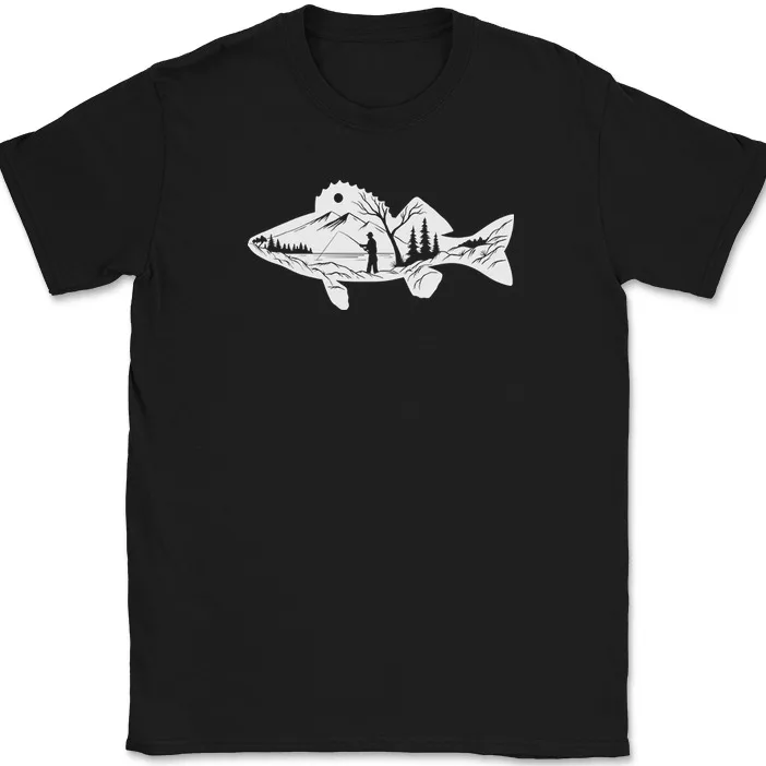 Футболка Walleye Fishing Landscape Funny Rod Reel Pole Lake Hobby.