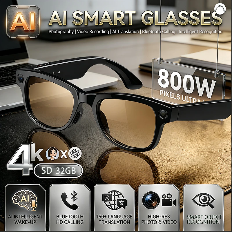 

2026 Upgrade AI Translate Smart Glasses 8MP HD Camera 1080P Video Record 32GB Storage 3600mAh Charge Case Photochromic Lenses