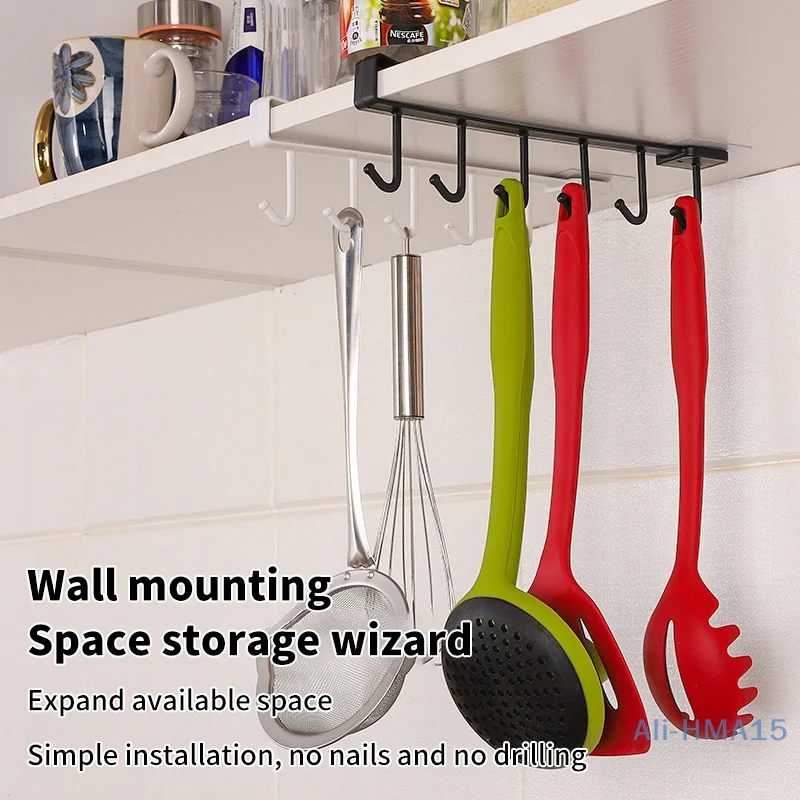 6 Hooks Storage Shelf Plastic Under Shelves Hanging Rack Utensils Holder Wardrobe Kitchen Bathroom Organizer Home Accessories