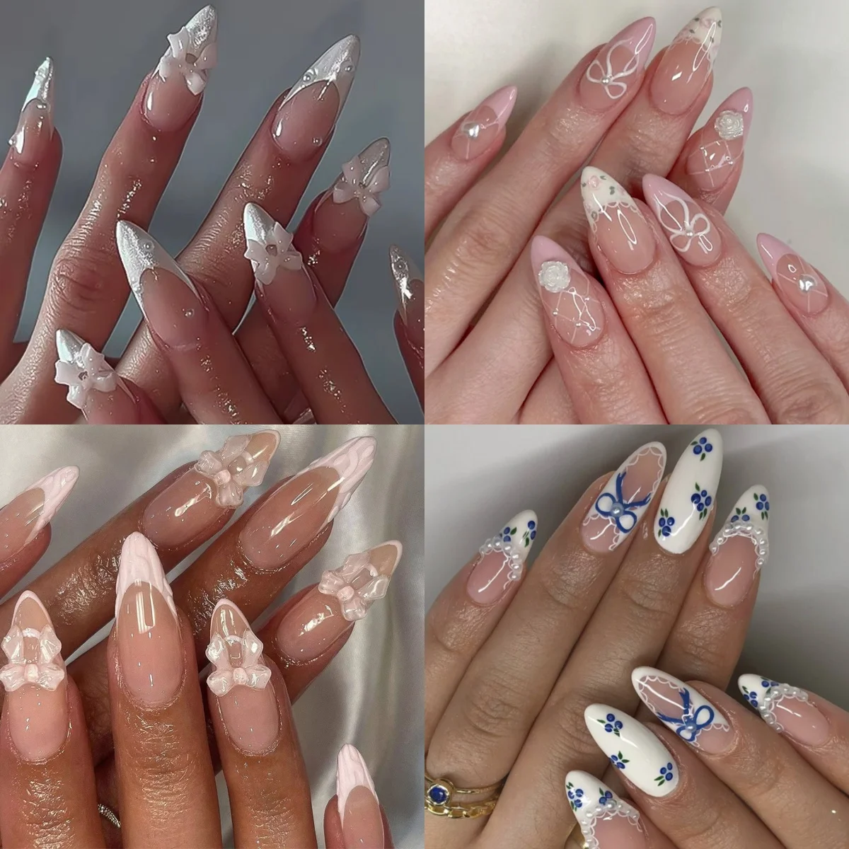 

White French 3D Bowknot Simple Long Pointed Fake Nails Art Almond False Nails Love Heart Pearl Rhinestones Charms Press on Nails