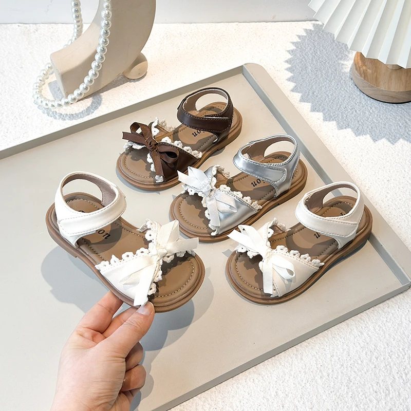 Girls Sandals with Lace Bow-knot Open Toe Soft Sole Children Princess Sandals Kids Summer Beach Shoes Non-slip 2026 New