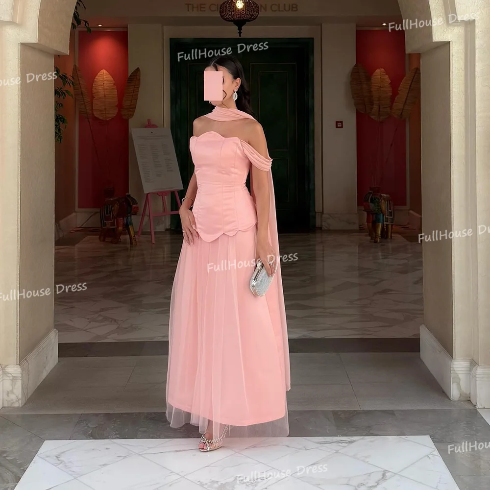 

Custom Made Modest Two-Pieces Off Shoulder Draped A-line Evening Dress Pink Backless Solid Prom Dress for Women robes de soirée