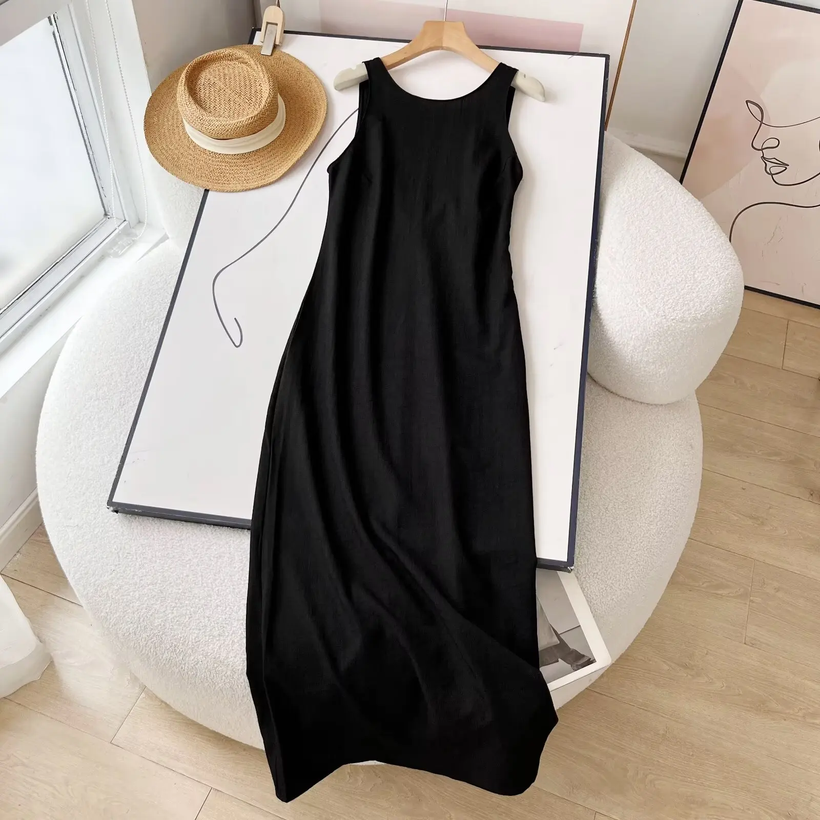 Tangada 2024 Summer Women Backless Black Linen Cotton Dress Sleeveless Ladies Midi Dress 6D030