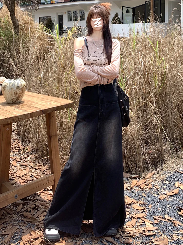 New Women Spring Summer American Retro Denim Skirt Fashion High Waist Split Hottie Long Skirt Casual Loose Ankle-Length Skirt