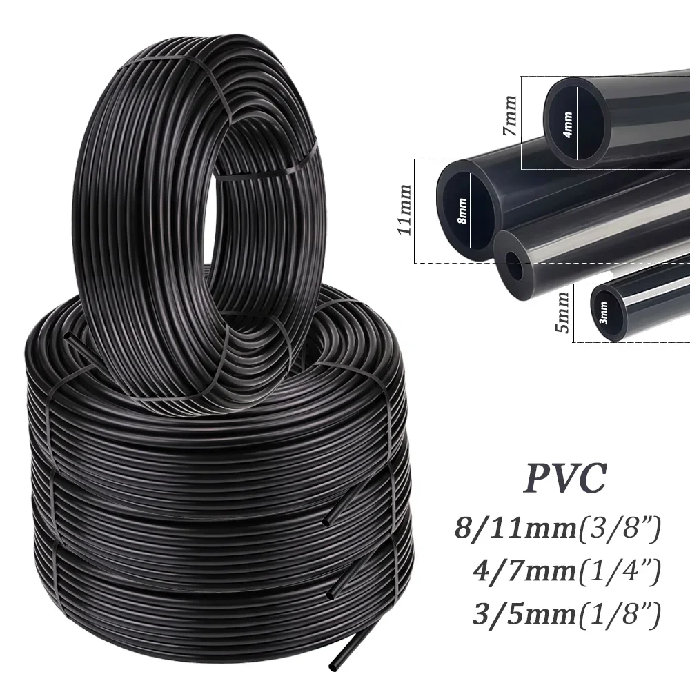 3/5mm 4/7mm 8/11mm Flexible Pipes Black Micro Drip Irrigation Tube 10M-100M PVC Garden Hose 1/8 1/4 3/8 Inch for Plant Watering