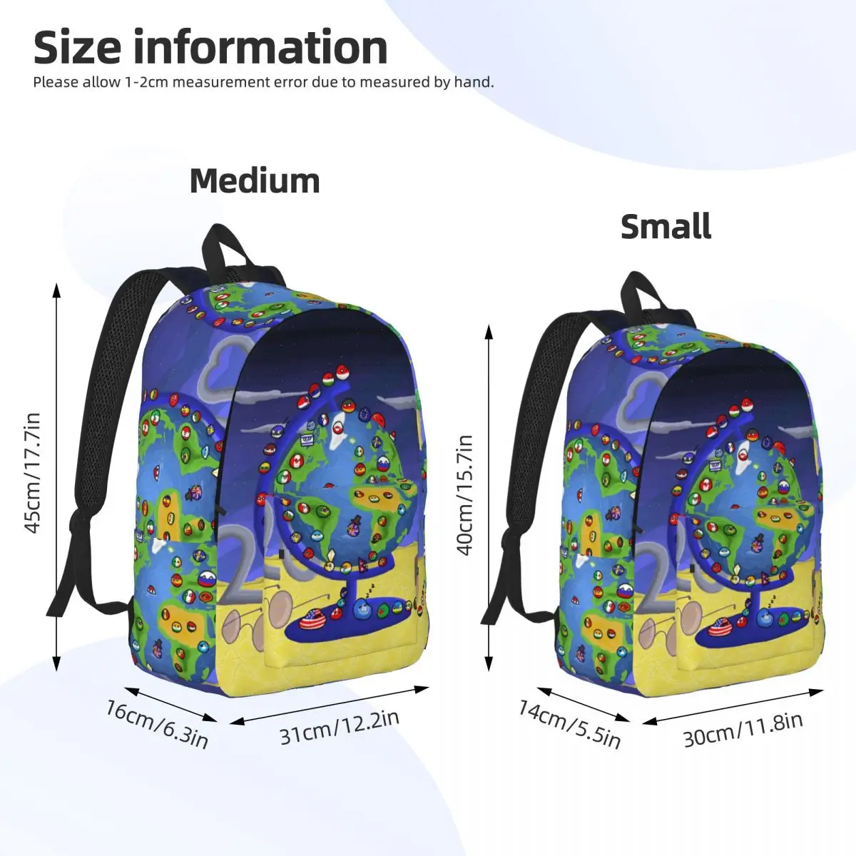 Countryball Cartoon for Teens Student School Bookbag Countries Earth Cute Daypack Elementary High College Lightweight