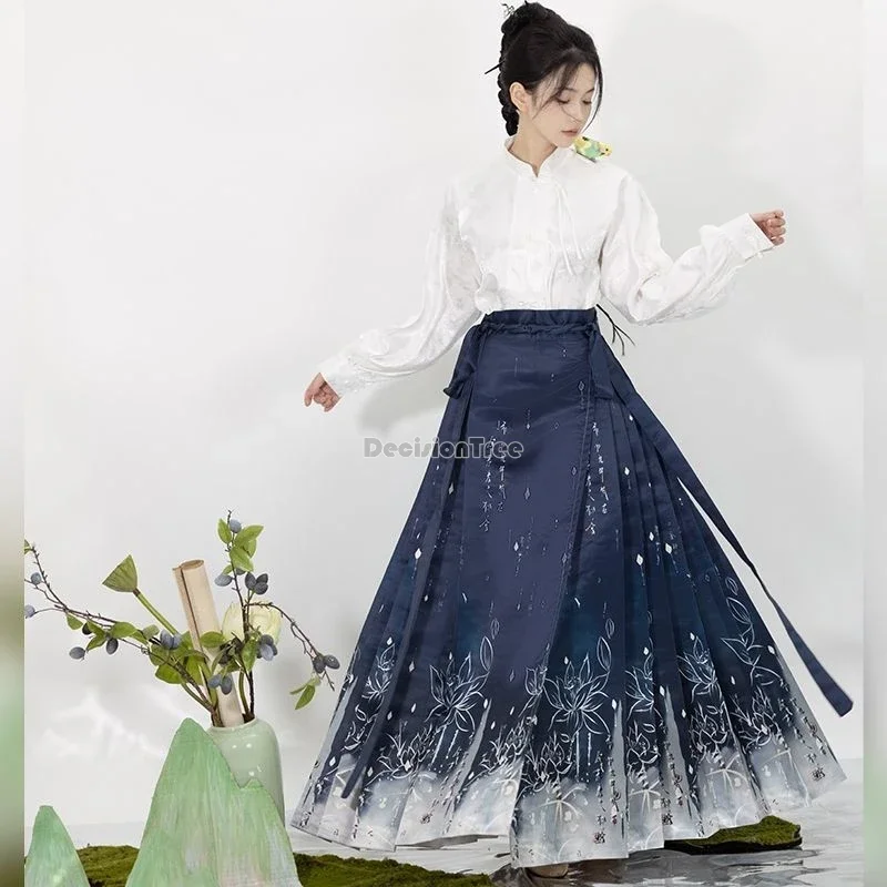 Hanfu-Conjunto de temperamento de danza folclórica antigua China, estampado de loto de hadas, falda de cara de caballo mejorada, hanfu de la dinastía ming diaria, 2024