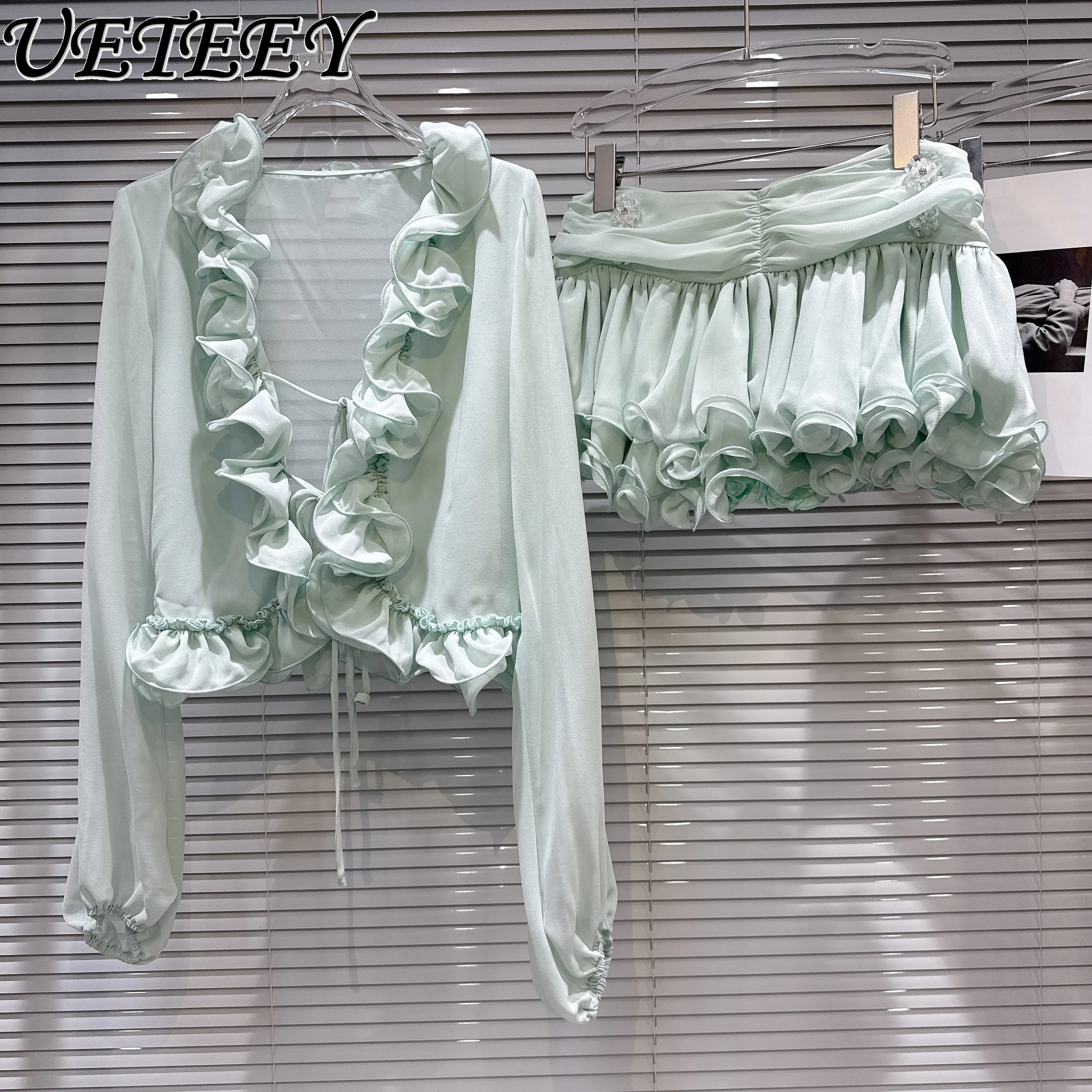 

2025 Summer New Sweet Temperament Pleated Ruffle Edge Chiffon Shirt Top + Pleated Short Bud Skirt 2 Pieces Sets Womens Outfits
