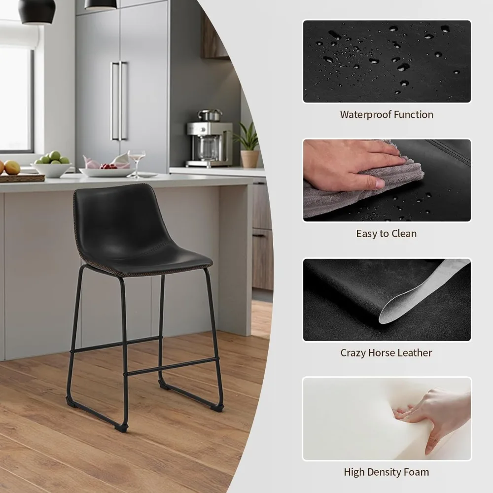 مجموعة مقاعد بار بارتفاع عداد مكونة من 4 قطع، مقاعد للبار مقاس 26 بوصة مع ظهر وأرجل معدنية، كراسي بار جلدية حديثة من Crazy Horse للمطبخ