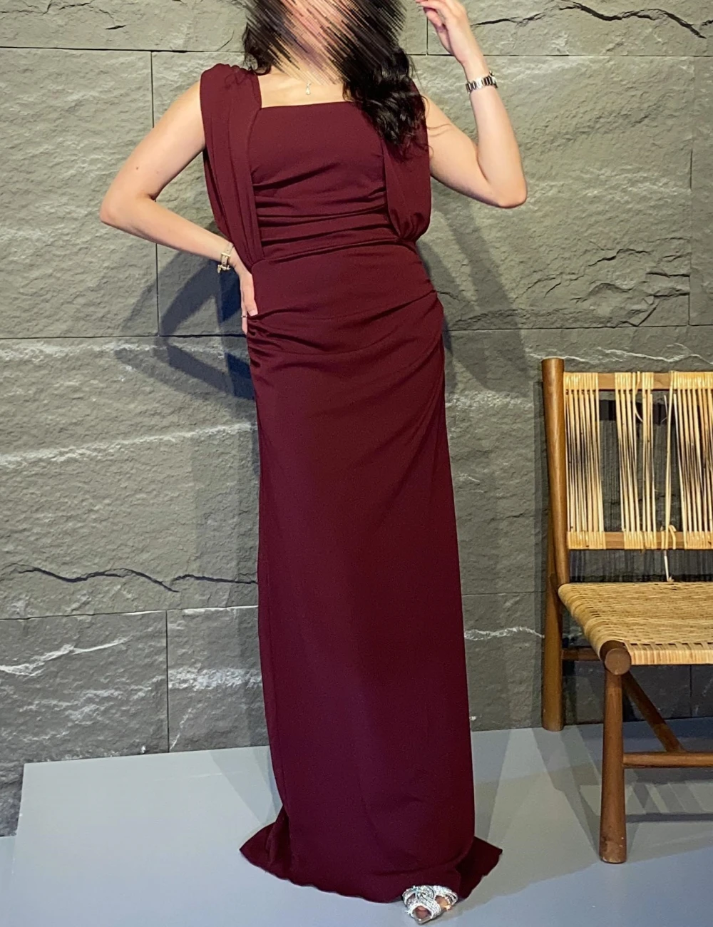 

Sizes Available Jersey Pleat Straight Square Neck Long Dresses Homecoming Formal Casual Simple Retro Fashion Elegant