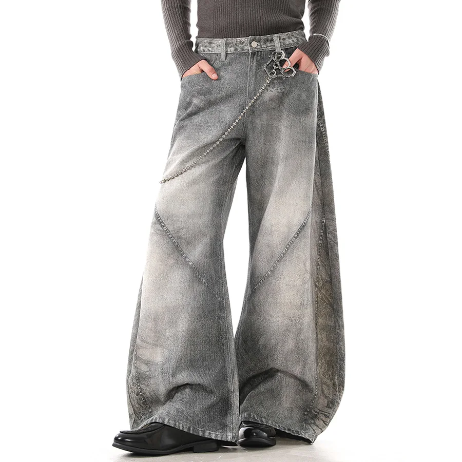 Men Streetwar Fashion Hip Hop Loose Cleanfit Casual Wide Leg Baggy Jeans Pants Trousers 3D Printed Dirty Denim Scimitar Jeans
