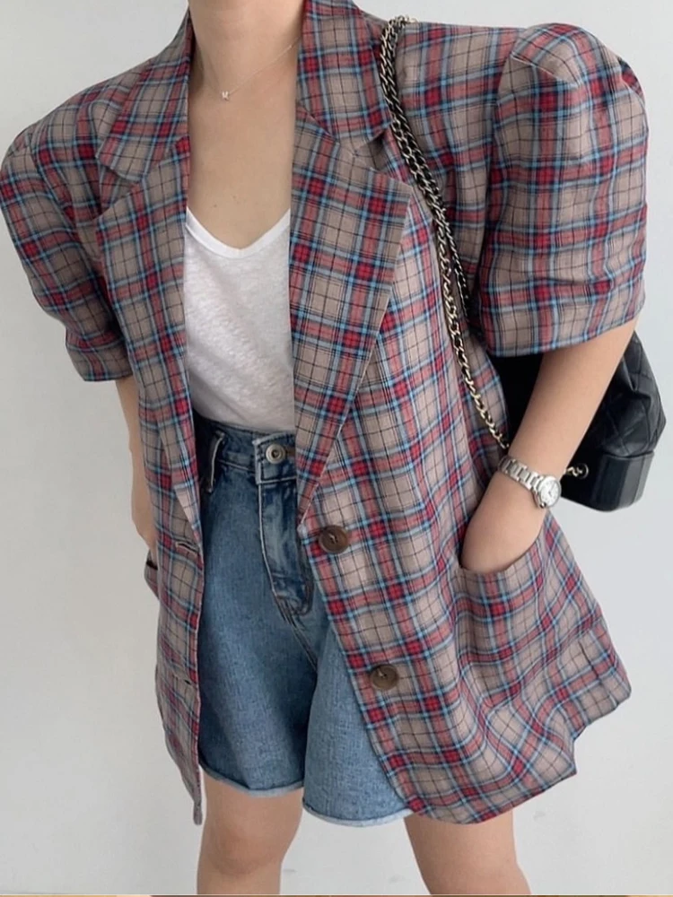 

Retro Plaid Women's Light Loose Fit ort Sve Suit Jaet Chic Versatile Summer Outerwear Casual Commute Sle Chinese Pro...