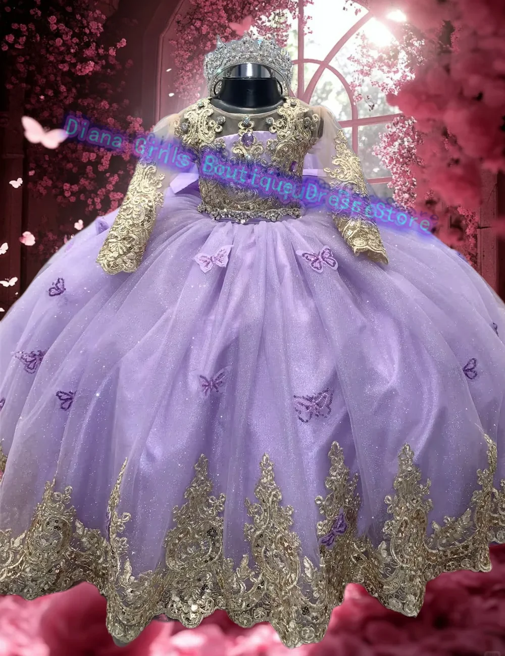 

Gorgeous Tulle Fluffy With Gold Applique Flower Girl Dress Butterfly Princess Wedding Party Dresses Kids Birthday Evening Gowns