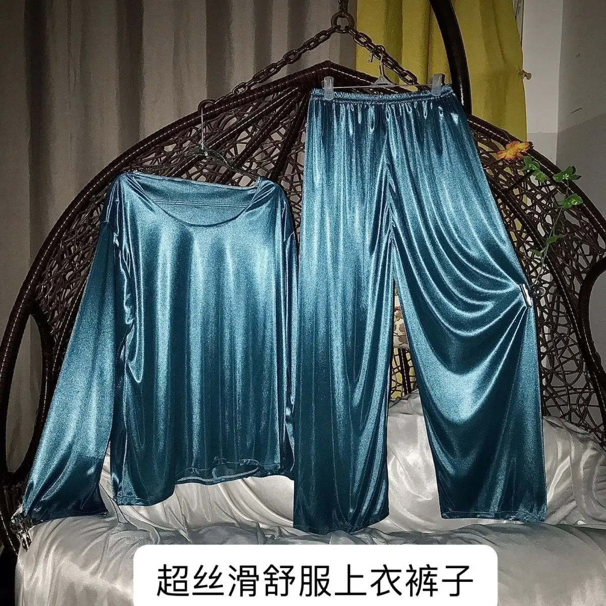 Spring Autumn Glossy 2 Pieces Sets Sports Fitness Tops Pants Plus Size Sleeping Pajamas