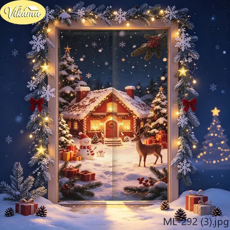 VIKAMA Fairy Tale Winter Christmas Door Curtain Nighttime Snow Scene Half Door Curtain Fabric Privacy Screen Cozy Wall Decor
