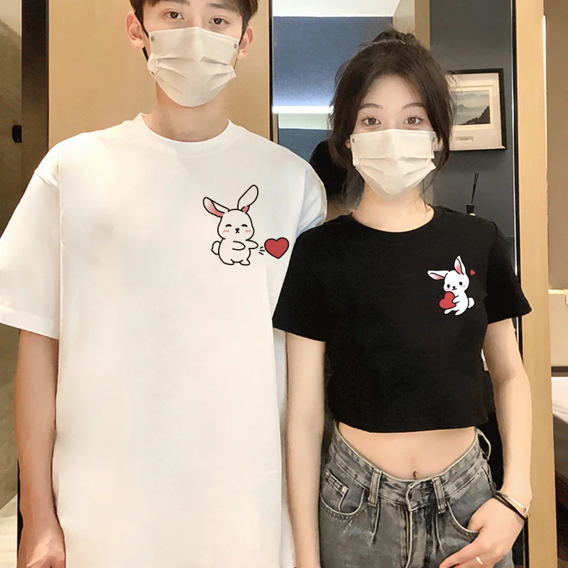 

2024 Cartoon Rabbit Love Heart Matching Couple Tshirt For Him and Her Korean Style Cotton Men T-shirt And Women Sexy Crop Top