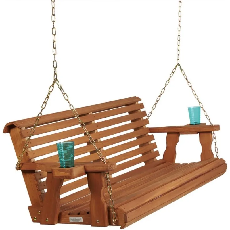 5 Foot Roll Back Porch Swing with Cup Holders in Cedar Stain - Amish Made in The USA from Treated Pine