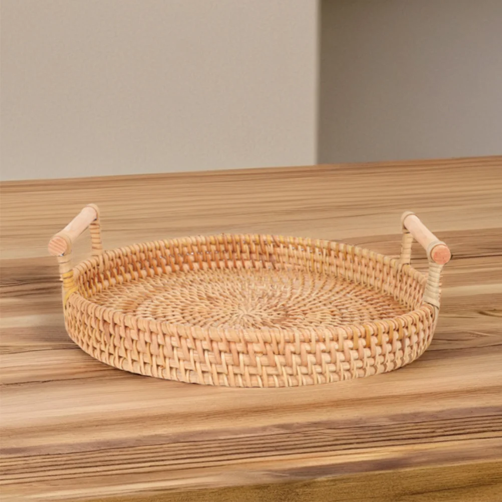 

32Cm Round Rattan Serving Tray Hand Woven Bread Platter With Handles For Fruits Snacks Drinks Breakfast Coffee Table Dinner