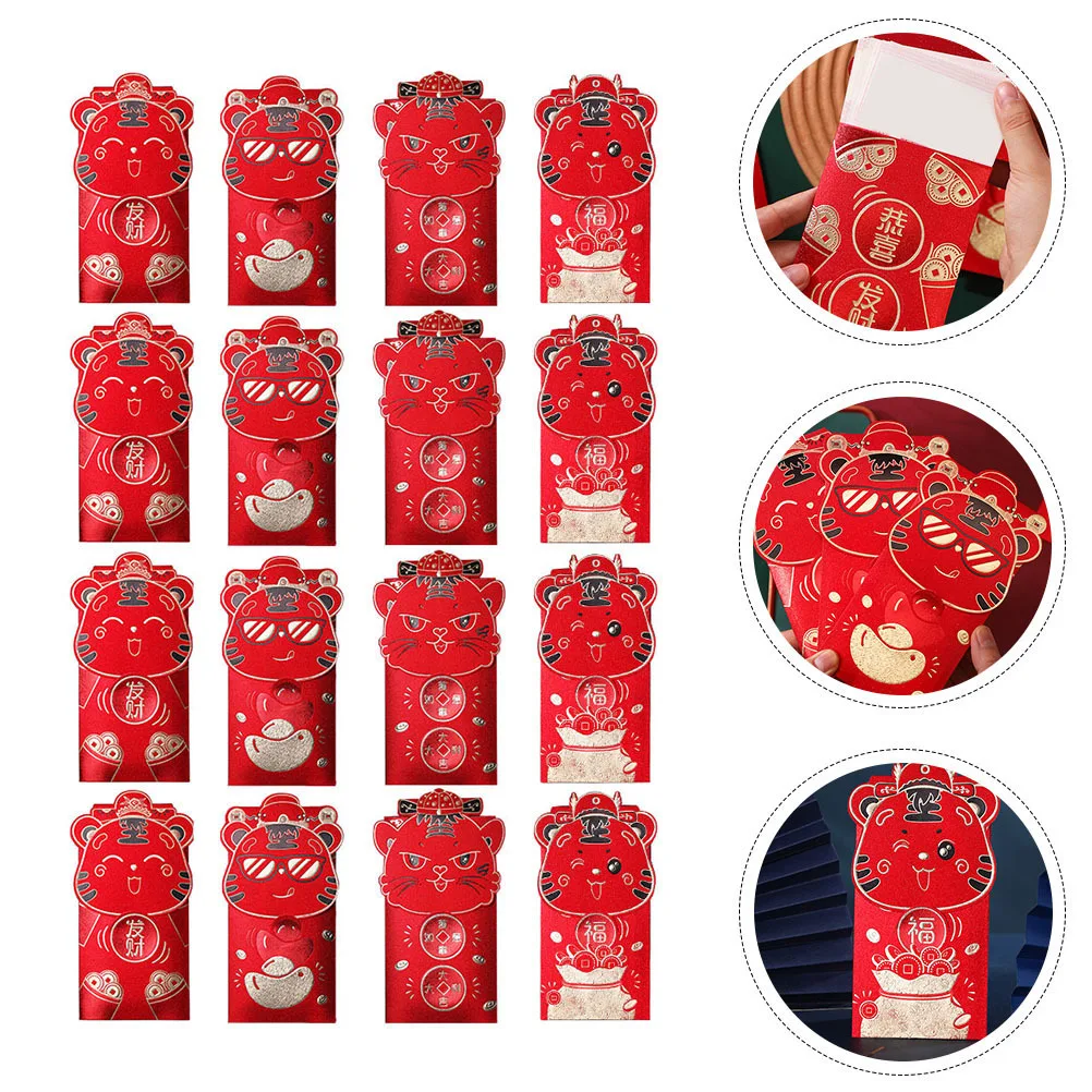 

16 шт., красные конверты с узором «Счастливый тигр», стильные пакеты для хранения денег, китайский новогодний фестиваль, сумка для денег, аксессуар