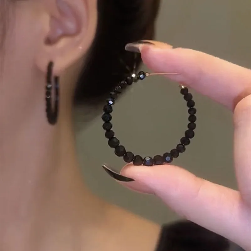 Large Black Crystal Beaded Hoop Earrings for Woman Trendy Women's Circle Jewelry Accessories Rings Wholesale 2023