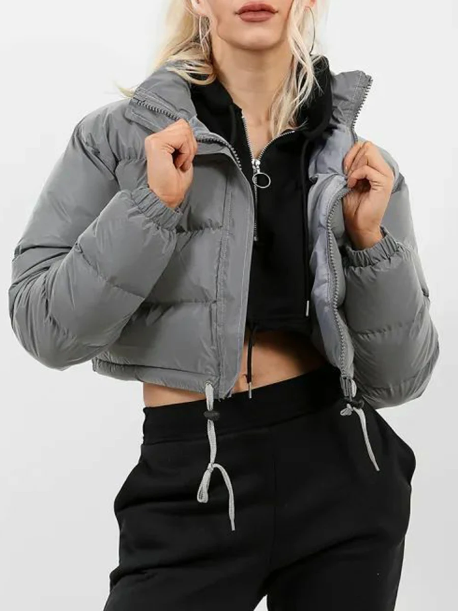 

Women s Warm Puffer Jackets Stand Collar Long Sleeve Zipper Short Baggy Down Jacket Coat