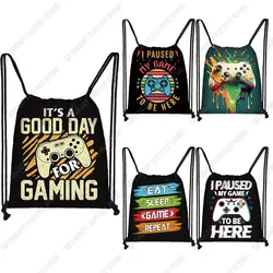 L Paused My Game To Be Here Print Drawstring Bags Gamepad Storage Bag for Travel Video Game Fans Backpack Teenager Bookbag Gift