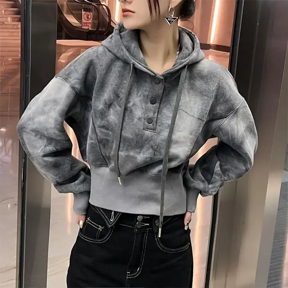 

Cold Hooded Sweatshirt for Women Thick Grey Woman Tops Warm Hoodies Autumn and Winter E Korean Streetwear Y2k Essential Casual M