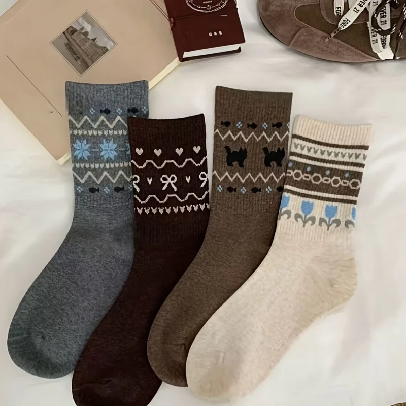 4 Pairs New Autumn And Winter Vintage Fair Isle Socks for Women, Mid-Calf Socks, INS Style, Versatile Ethnic Long Socks