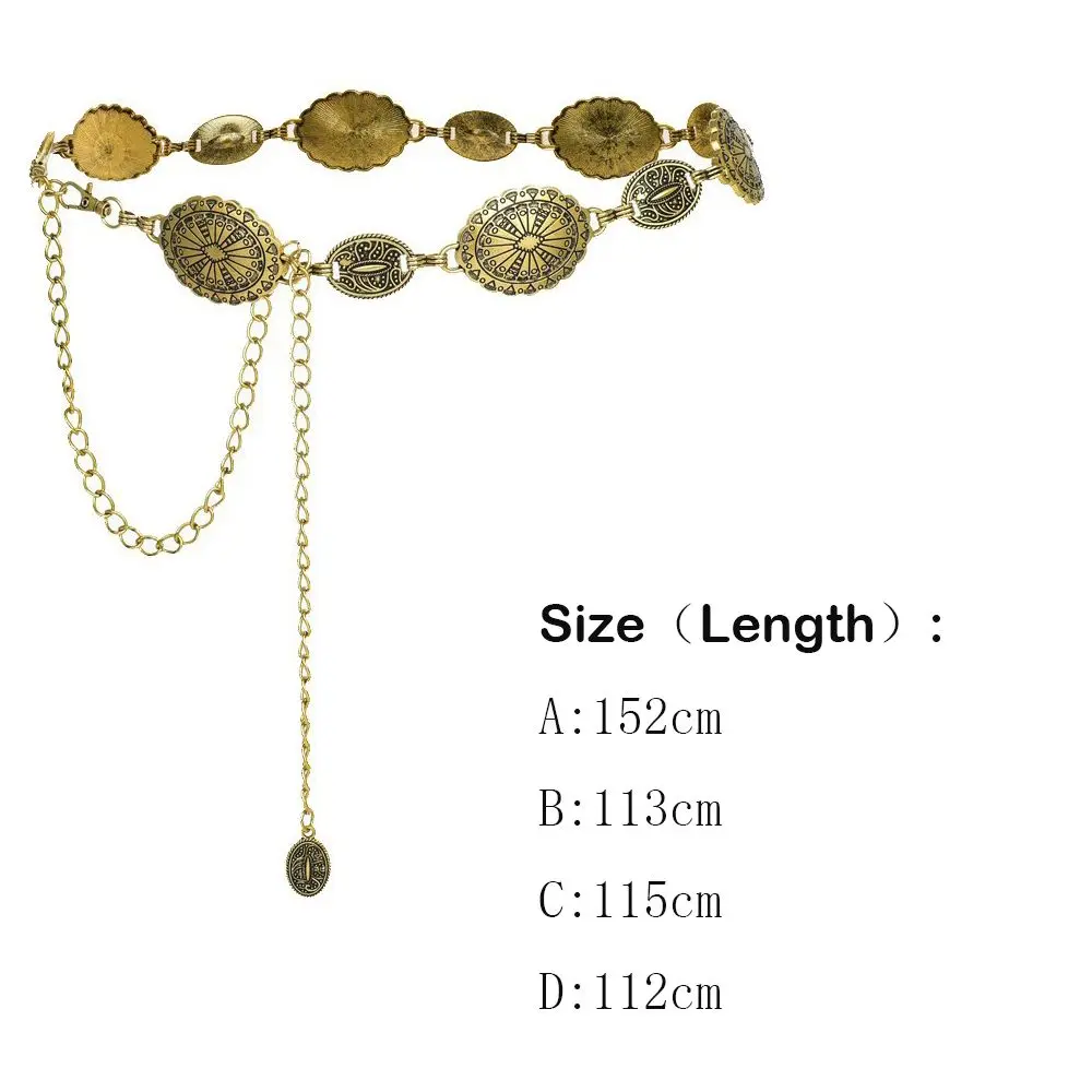 Lightweight Metal Women's Waist Chain Gold/Silver Durable Retro Waist Chain Adjustable Carved Chain Belt