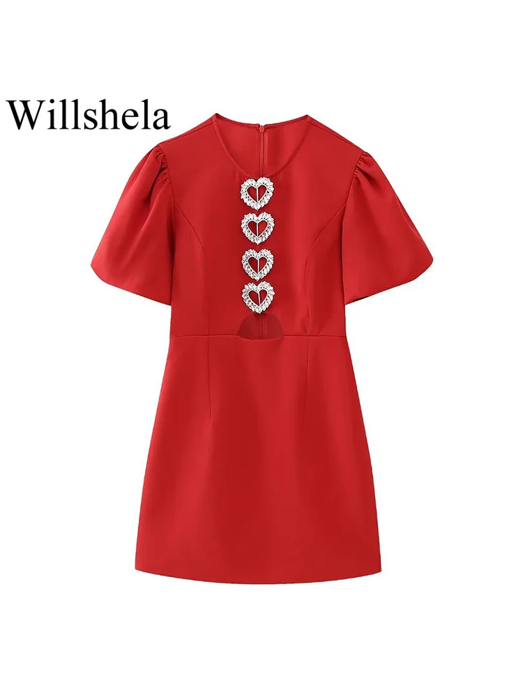 Willshela Women Fashion Red Hollow Out Back Zipper Mini Dress Vintage O-Neck Short Sleeves Female Chic Lady Dresses