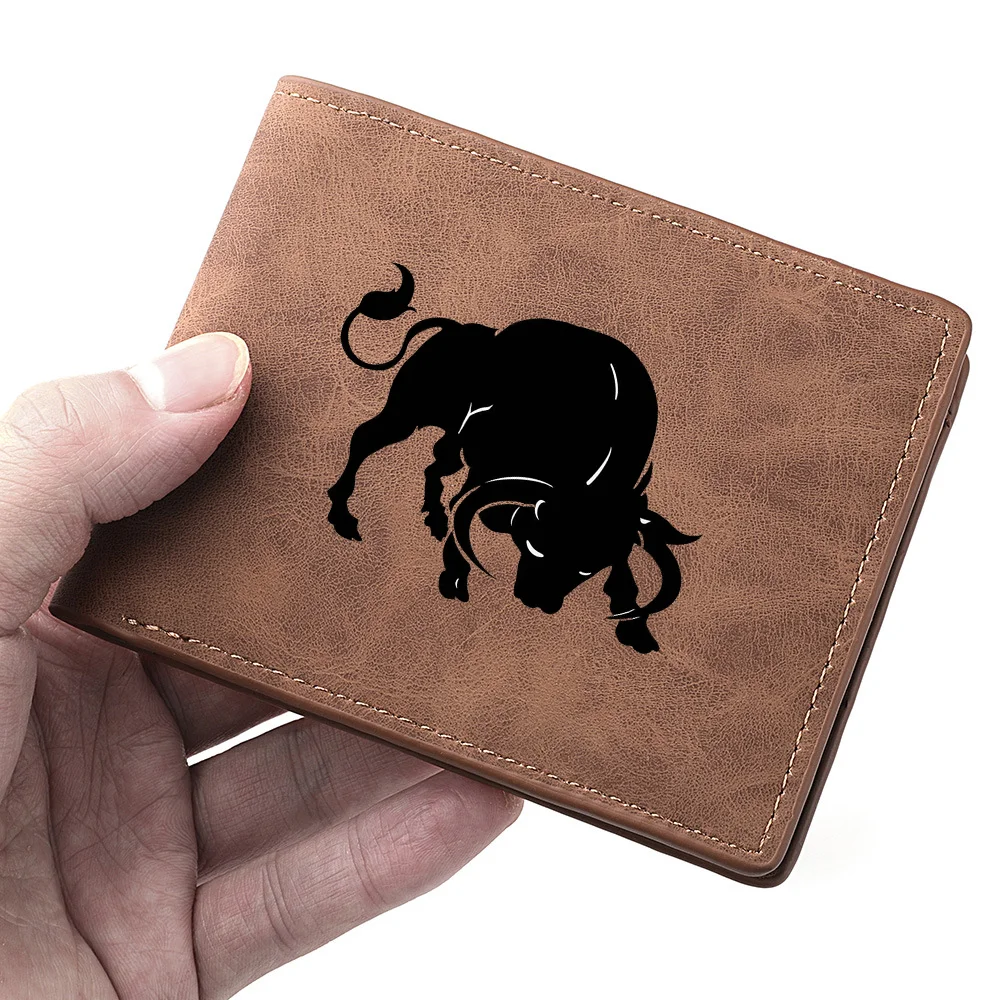 Men's Mini Short Wallet with Bull Pattern Zipper Coin Pocket Multi-Slot Card Holder Ideal Gift for Youth Student