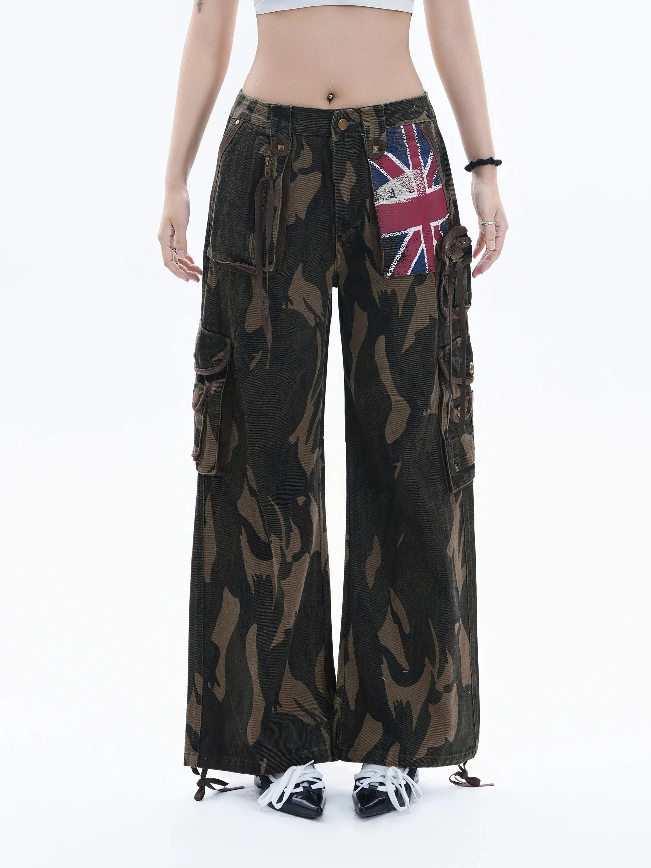 

American Retro Camouflage Work Pants Women Loose Wide Leg Straight Casual Long Trousers Multiple Pockets Ladies Jeans