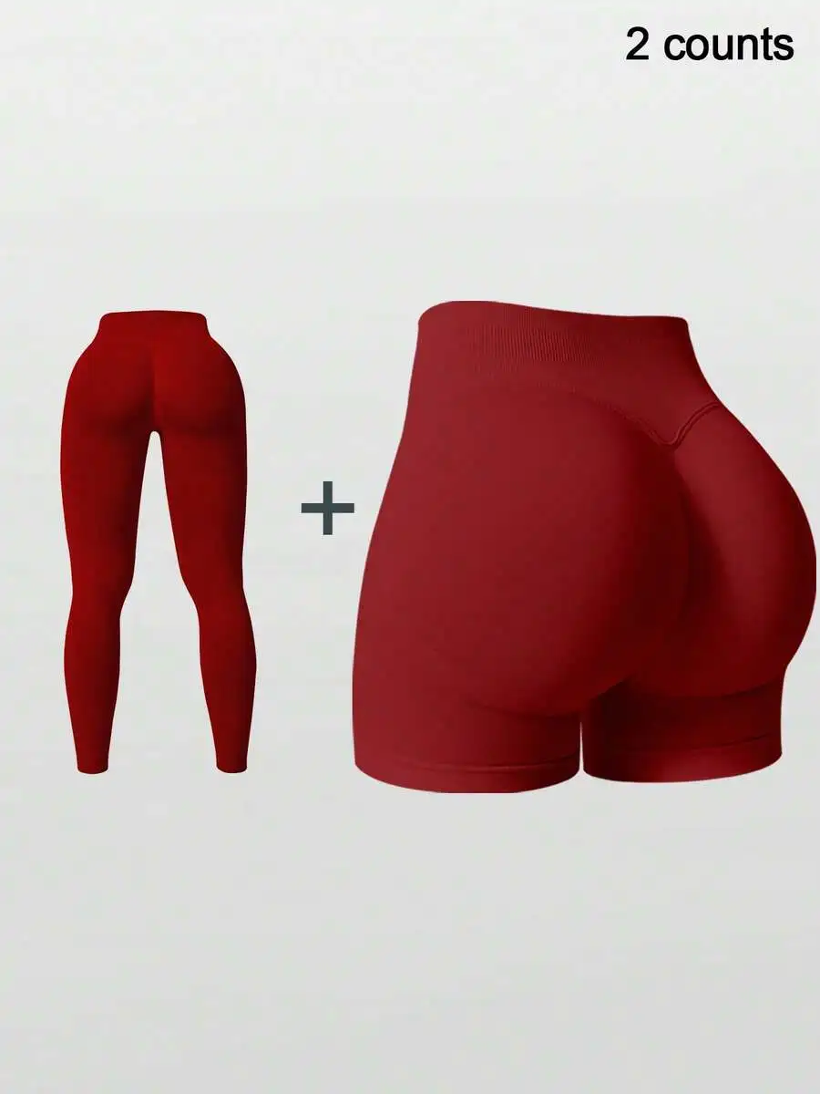 

2Pcs Women Solid Color Seamless High Waist Tummy Control Lifting Sports Pants And Shorts