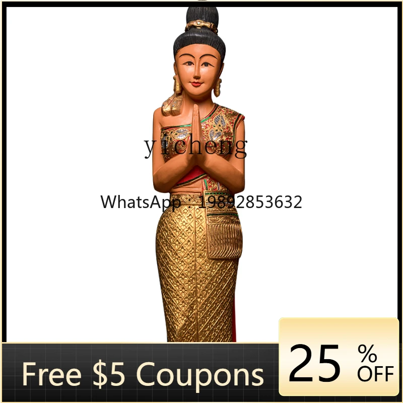 

ZZk Wood Carving Restaurant Welcome Female Hallway Doll Soft Decorative Ornaments