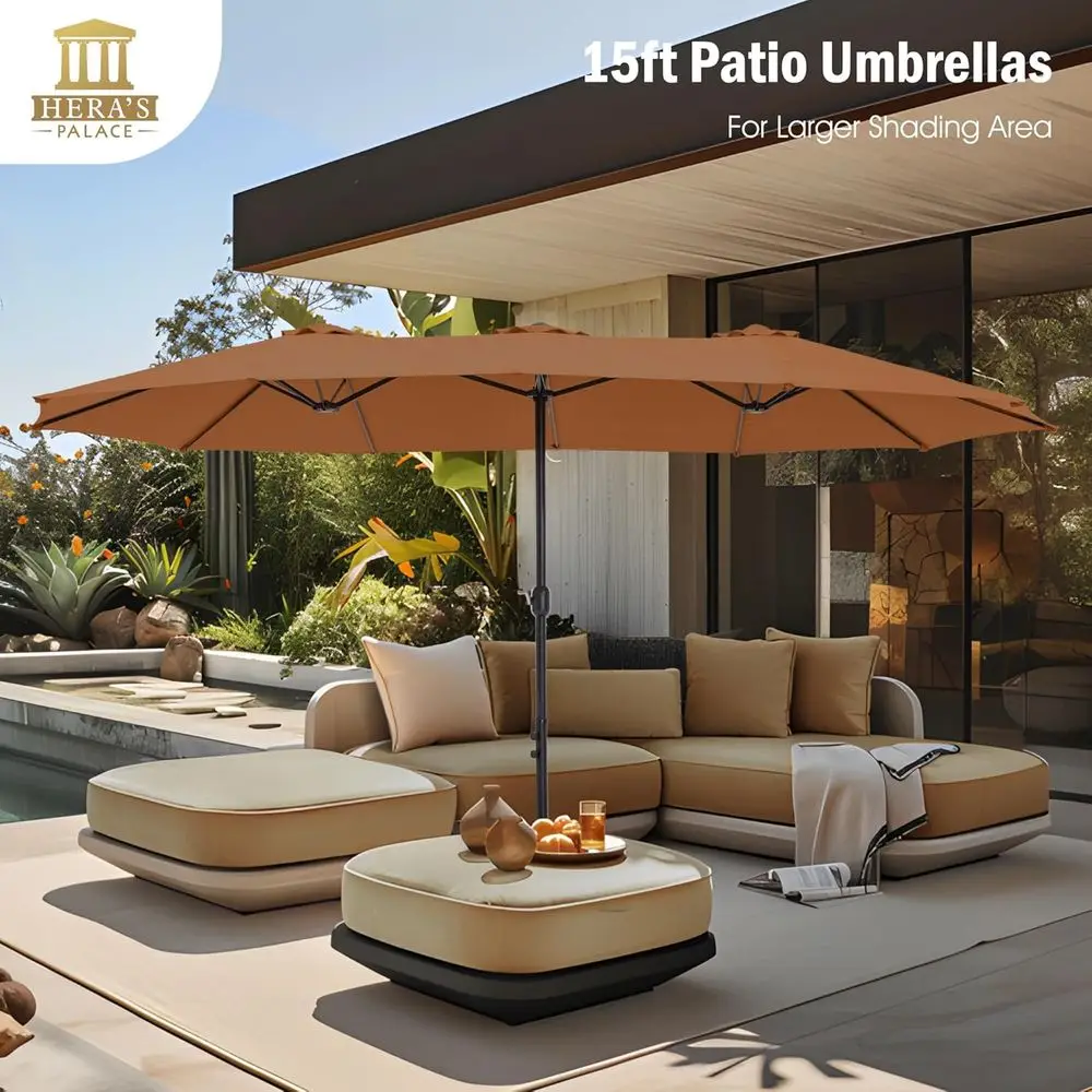 15-Foot Patio Umbrella with Base, Tawny, Large, Double Vent, Suitable for Outdoor, Pool, and Table Use
