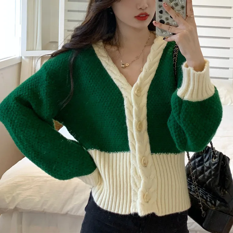 

Autumn and Winter New Korean Style College Style Loose Skinny Cardigan Fried Dough Twists Design Knitwear Sweater Women's Coat