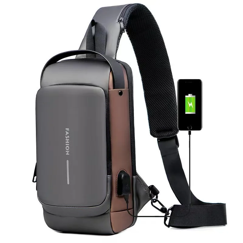 Anti-theft Travel Bag Male USB Charging Chest Bag Pack Multifunction Patent Leather Chest Bag Men Waterproof Men Crossbody Bag