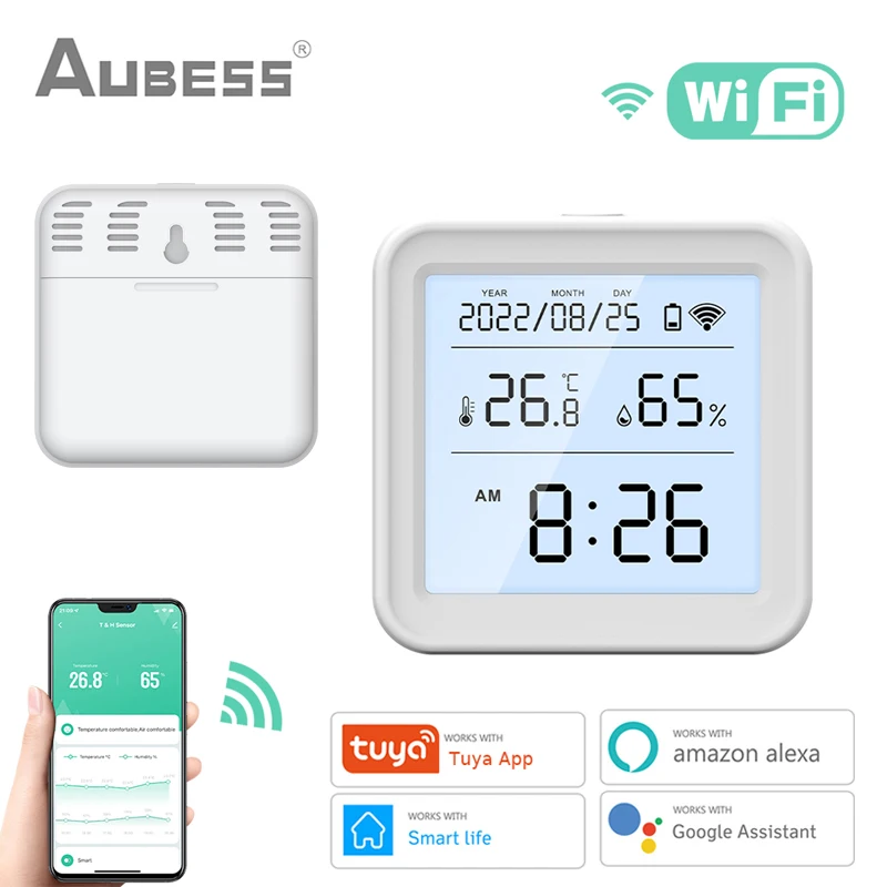 

Tuya WiFi Temperature and Humidity Sensor BatteryPower With LCD Screen Display And Backlight Via SmartLife App Alexa Google Home