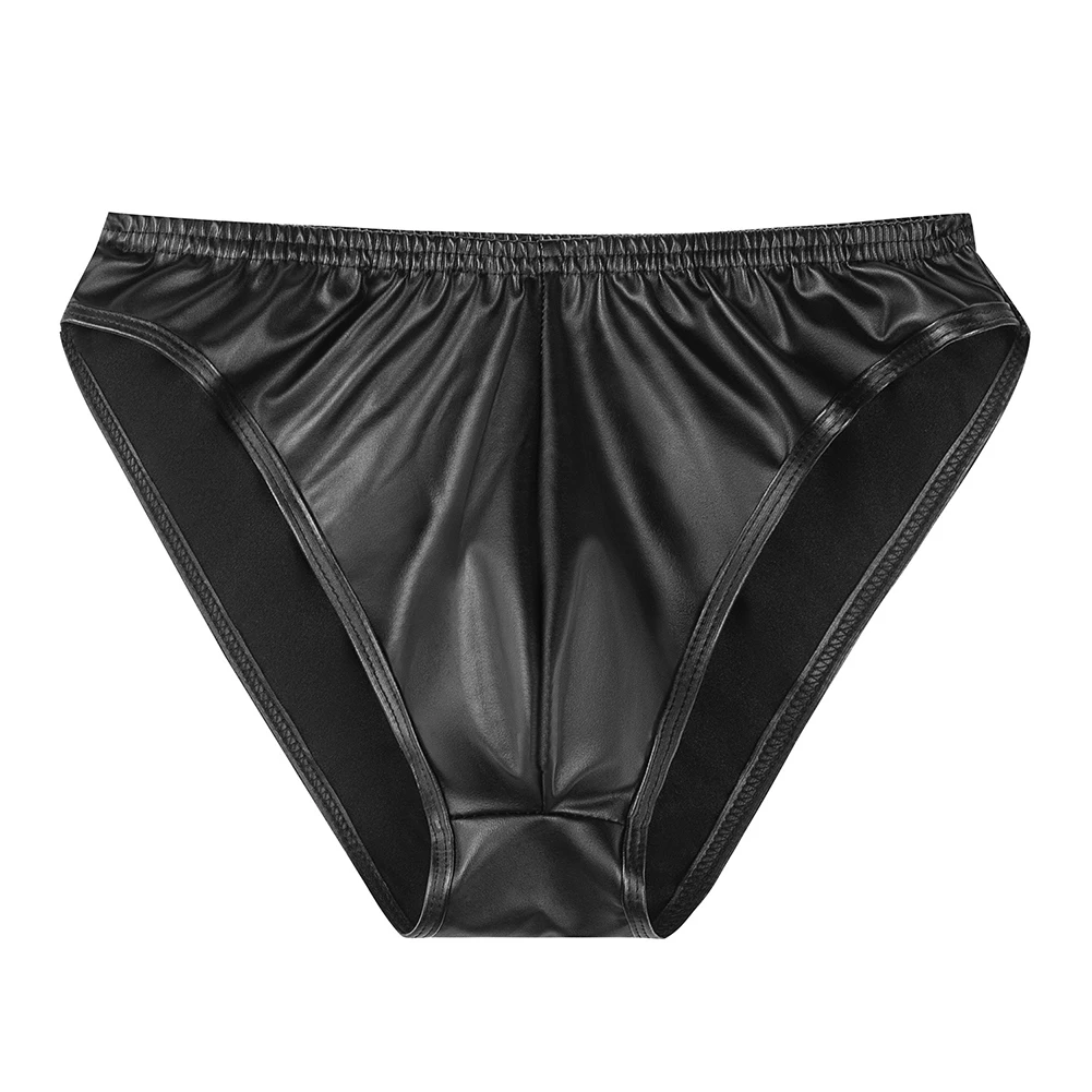 Sexy Wet Look Faux Leather Briefs para homens, Night Clubwear, Biquíni Underwear, U Convex Knickers, Underwear para homens