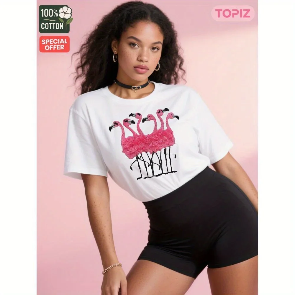 

[Plus Size] Women's T-Shirt, Crew Neck Short Sleeve Casual Top,Graphic T-Shirt, Pink Flamingos On White Background, Shirt